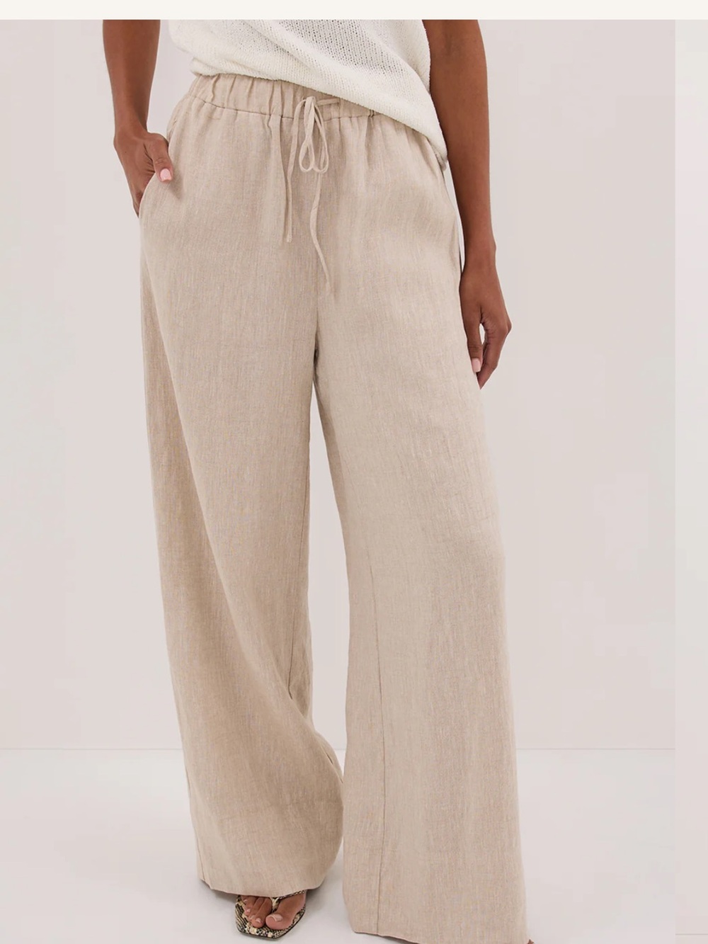 DISSH Gina Natural Linen Relaxed Wide-Leg Drawstring Pants in Beige